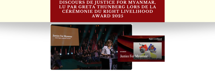 Discours de Justice for Myanmar, lu par Greta Thunberg lors de la cérémonie du Right Livelihood Award 2025